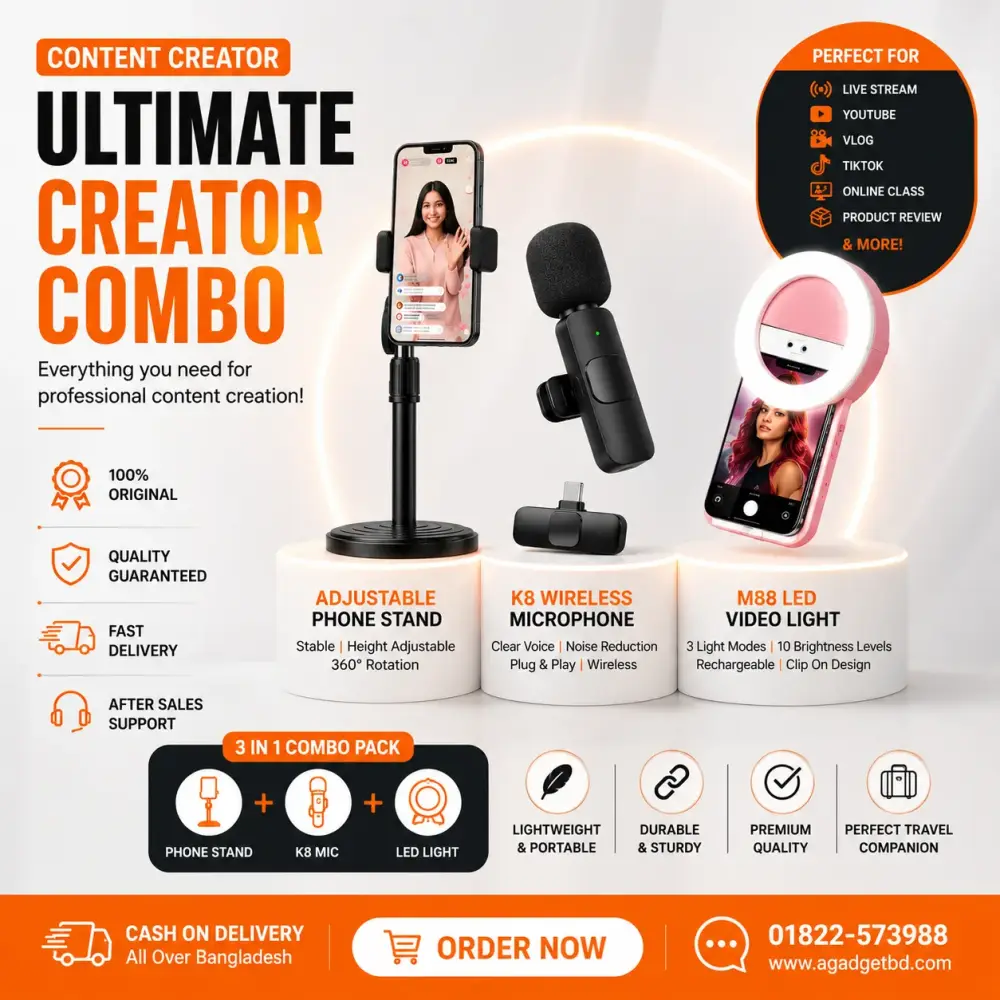 3-in-1 Content Creator Combo | Phone Stand + K8 Wireless Microphone + Mini LED Light