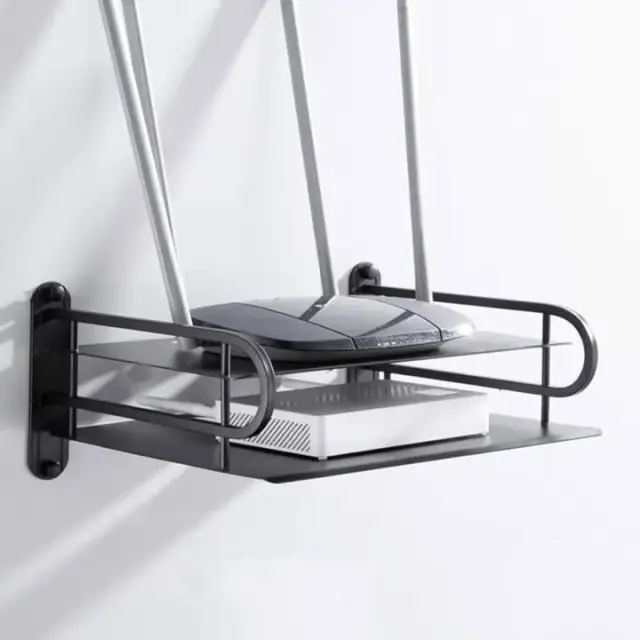2 Layer Metal WiFi Router Stand, Wall Mount Shelf Bracket for Tv Box, Remote Control, Set Top Box, Aluminum, Black
