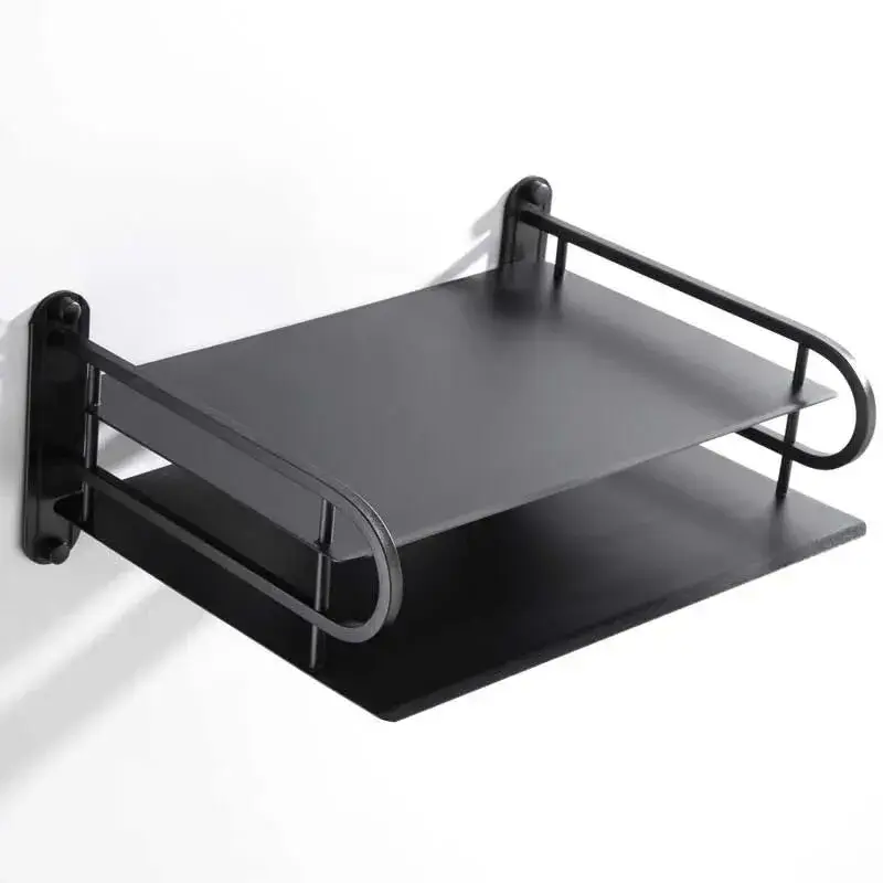 2 Layer Metal WiFi Router Stand, Wall Mount Shelf Bracket for Tv Box, Remote Control, Set Top Box, Aluminum, Black